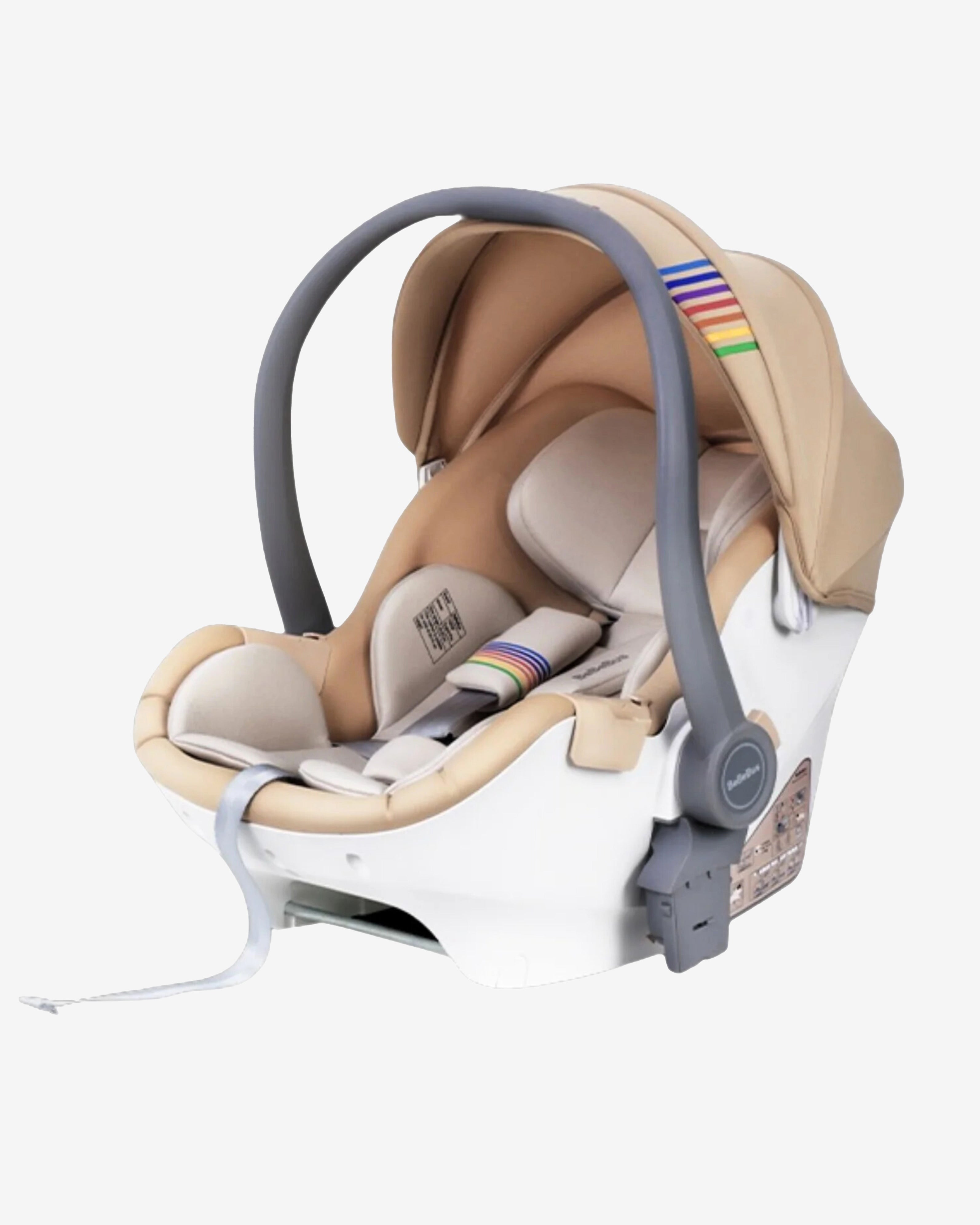 Product view of the BeBeBus Guard Car Seat with neutral tones, 5 point padded harness detailing.