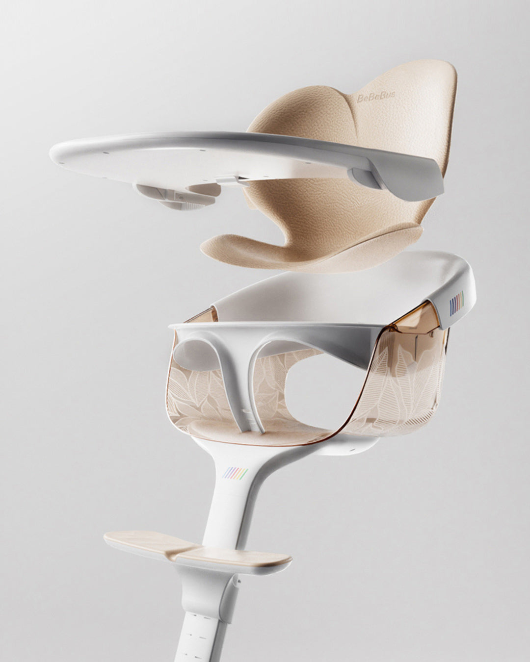 Modern ergonomic high chair for babies with strong backrest and detachable tray, BeBeBus Flower Feeding Chair