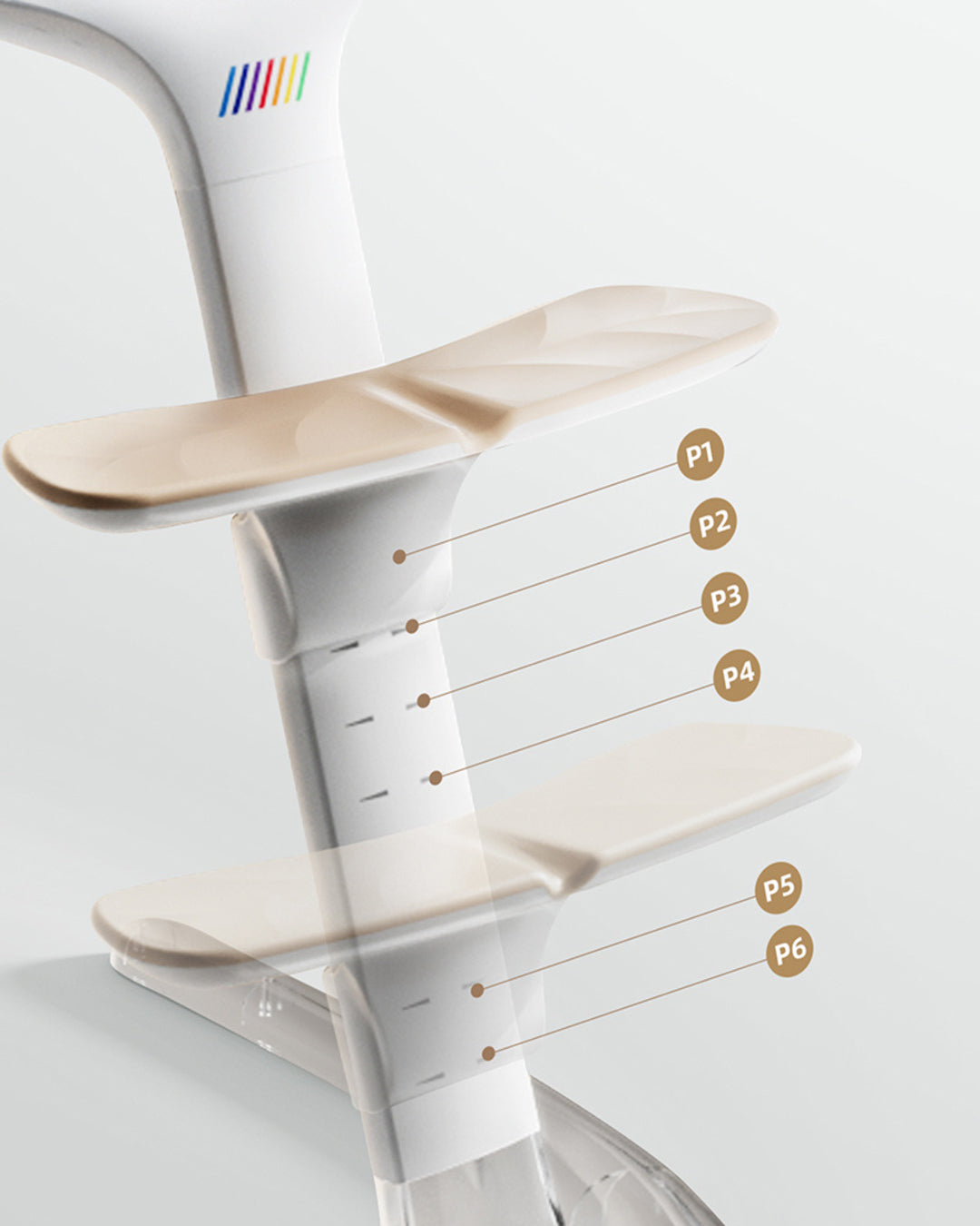 Six-level adjustable footrest on BeBeBus Flower Feeding Chair, ergonomic design for baby posture support.