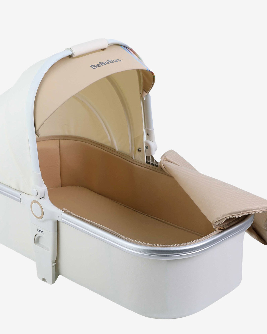 BeBeBus Bassinet with soft inner lining and adjustable cover partially unzipped