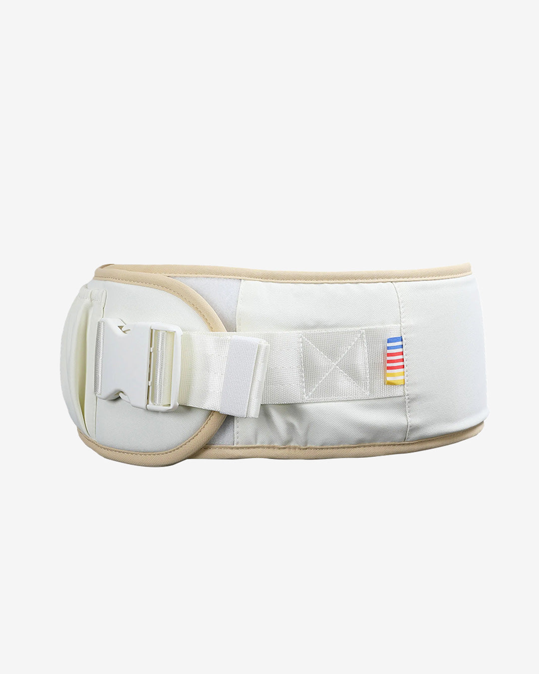 White waist band of the BeBeBus carrier with beige trim on a white background