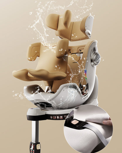 BeBeBus Astron+ PRO Car Seat showing waterproof, stain-resistant fabric with splash effect and zoomed cleaning detail.