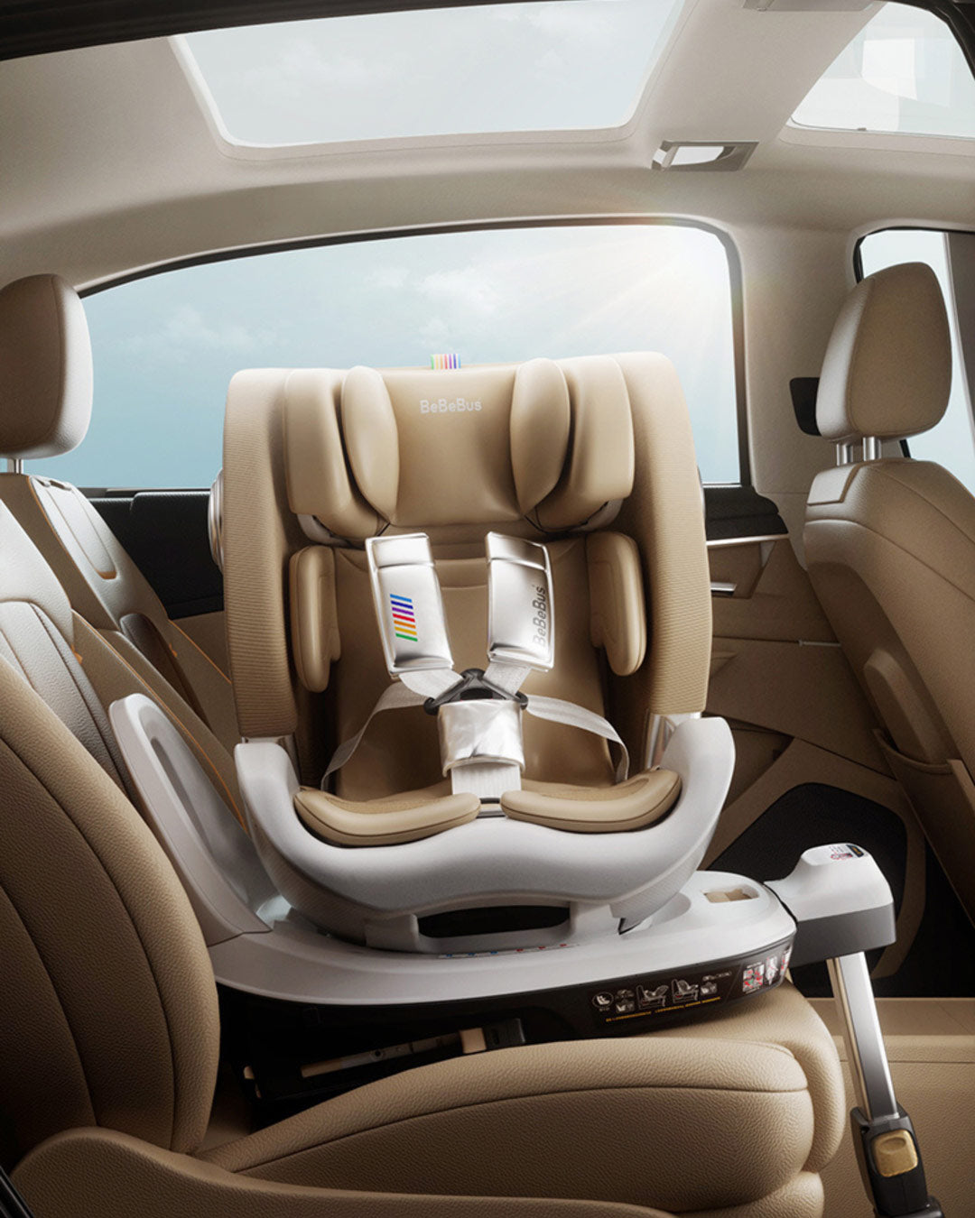 BeBeBus Astron+ PRO Car Seat installed in rear-facing mode in a car with IsoFix and support leg.