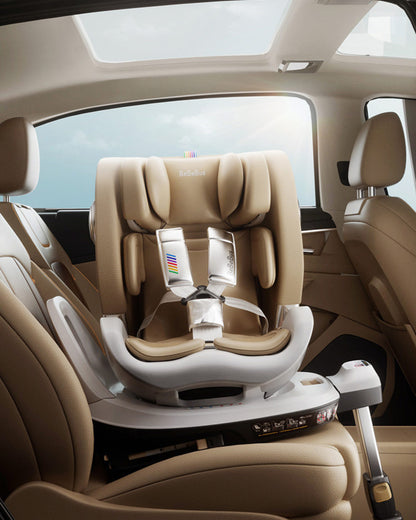 BeBeBus Astron+ PRO Car Seat installed in rear-facing mode in a car with IsoFix and support leg.