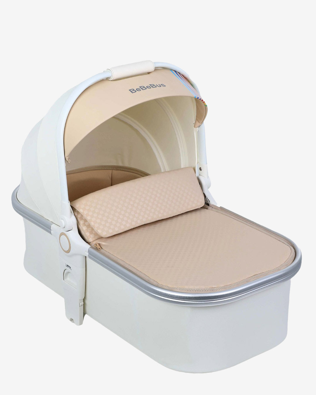 BeBeBus Bassinet with canopy and cushioned mattress for newborns and infants.