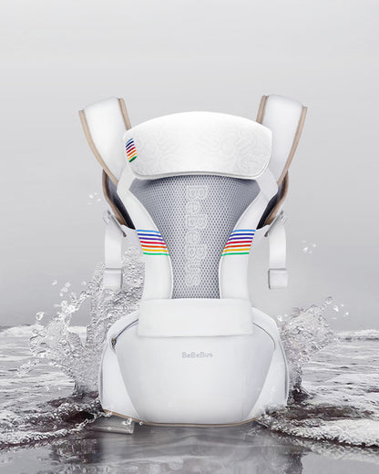 Showcasing the waterproof and stain resistant fabric of the BeBeBus Carrier.