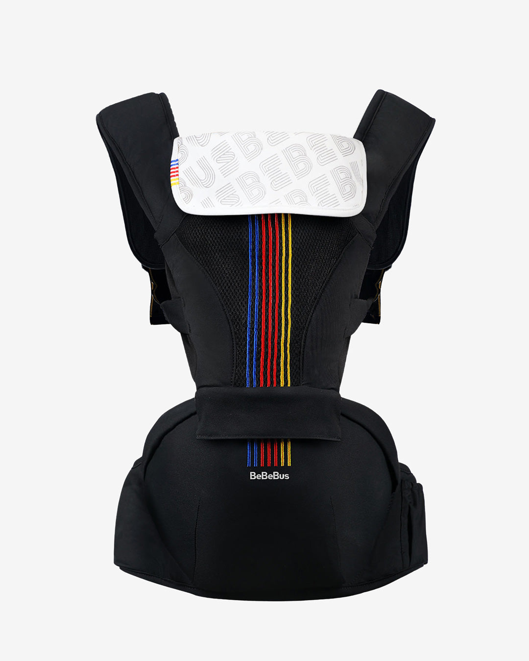 Black baby carrier with colorful straps on a white background