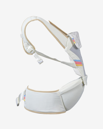 White baby carrier with colorful accents on a white background