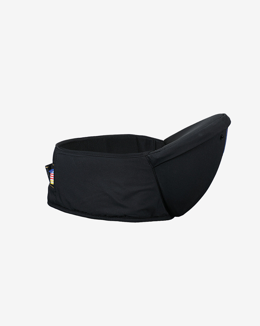Black detachable supportive waist stool which can be removed from the carrier and worn on its own.