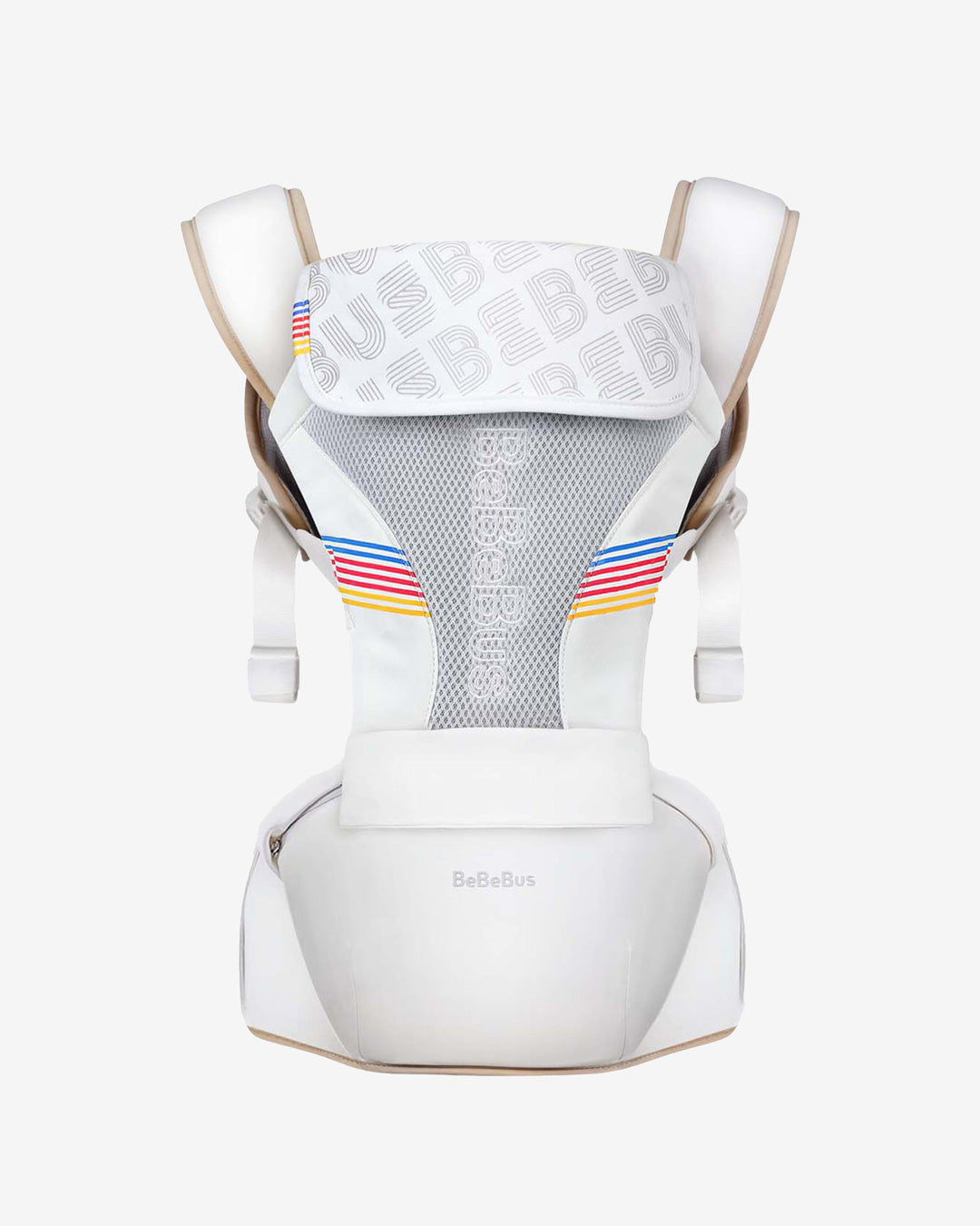 Baby carrier with rainbow accents on a white background